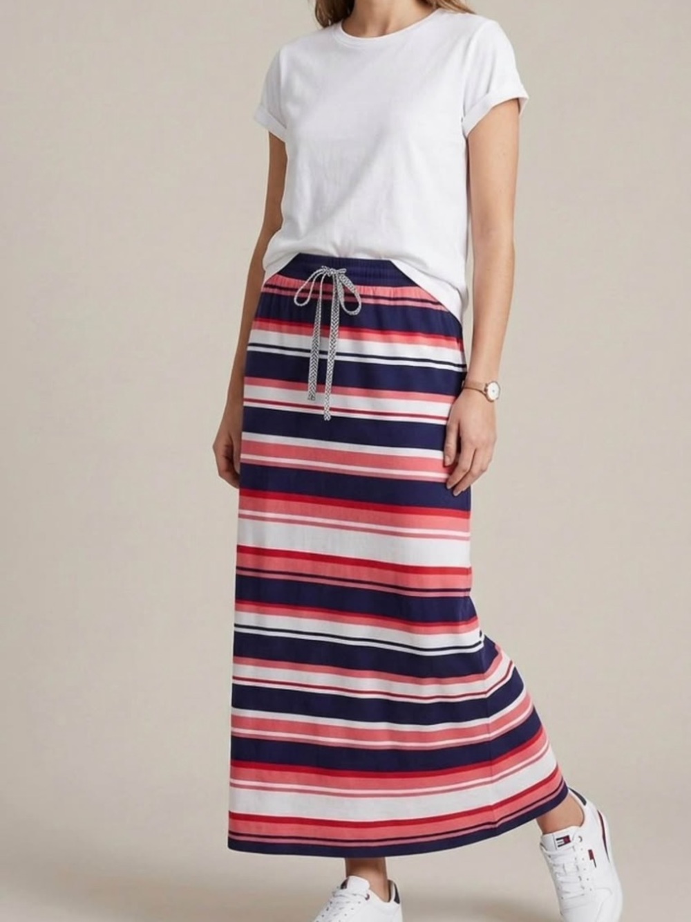 Max Studio Navy, Pink and White Striped Maxi Skirt